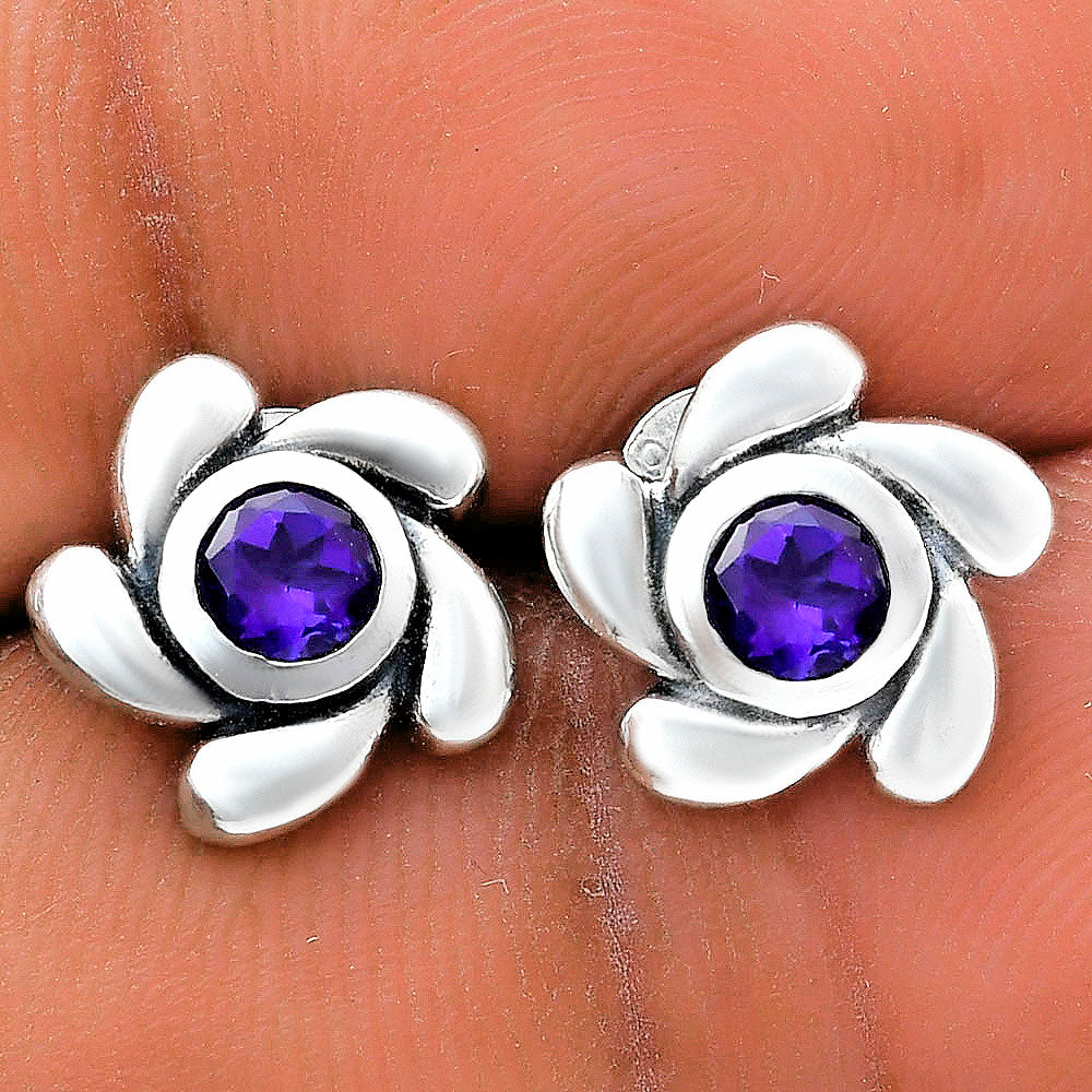 Handcrafted 925 Sterling Silver Flower Stud Earrings with Birth Gemstone AGE1023 E-1260