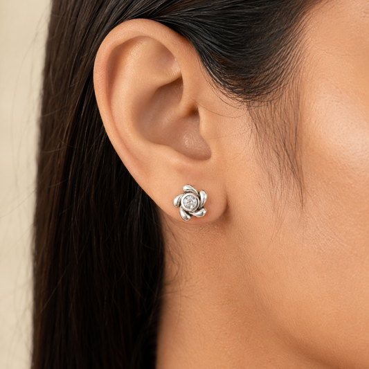 Handcrafted 925 Sterling Silver Flower Stud Earrings with Birth Gemstone AGE1023 E-1260