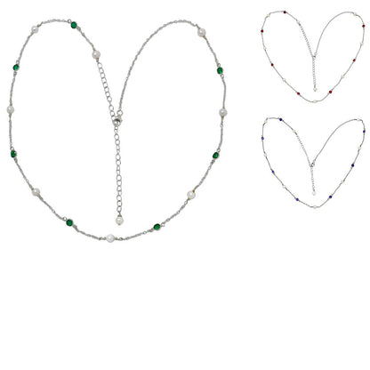 Handcrafted Silver Dainty Pearl Gemstone Chain Necklace for Women AGN1001 N-1029