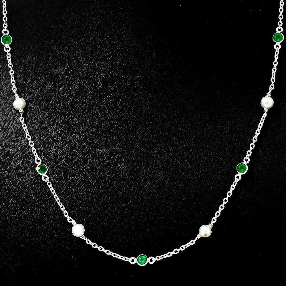 Handcrafted Silver Dainty Pearl Gemstone Chain Necklace for Women AGN1001 N-1029
