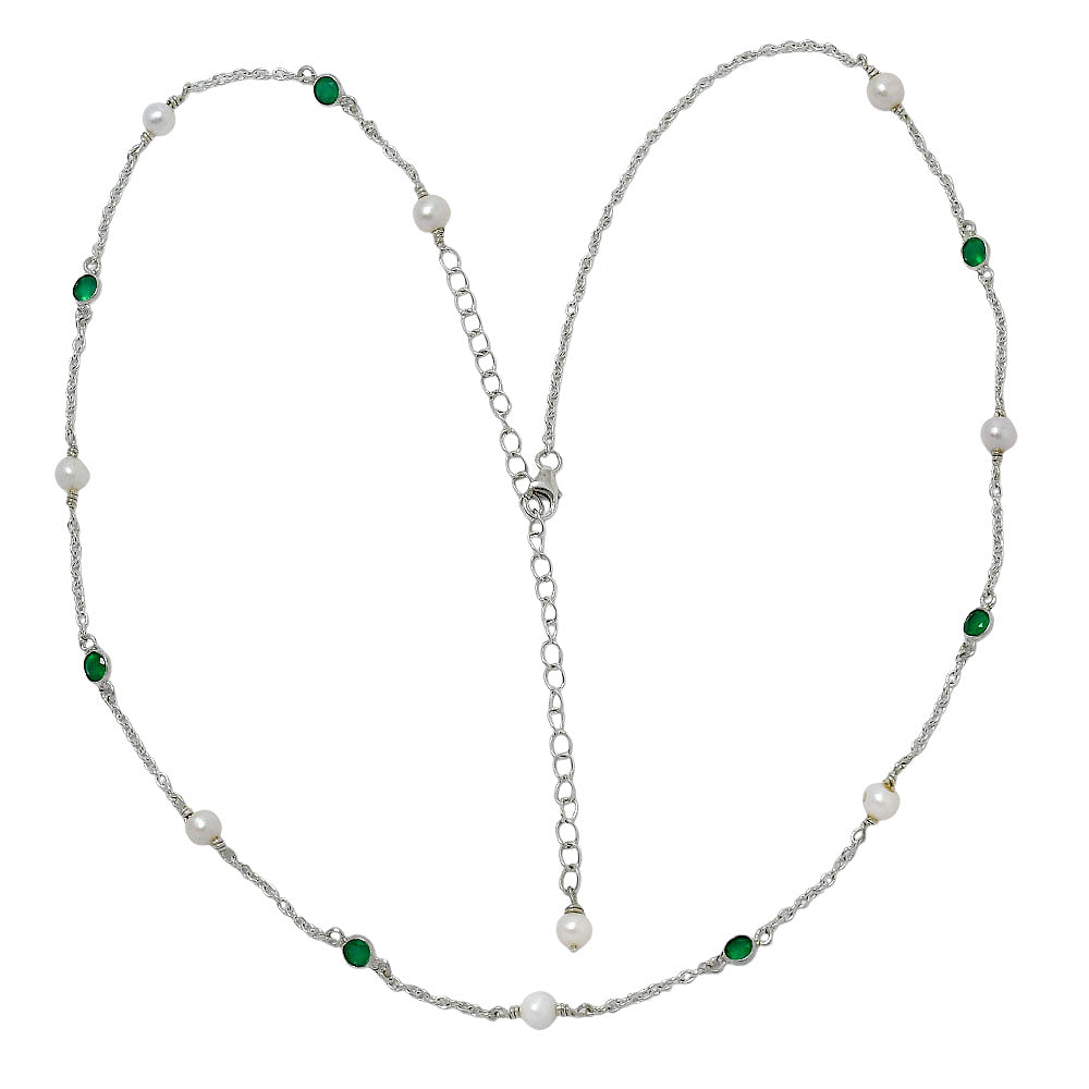 Handcrafted Silver Dainty Pearl Gemstone Chain Necklace for Women AGN1001 N-1029
