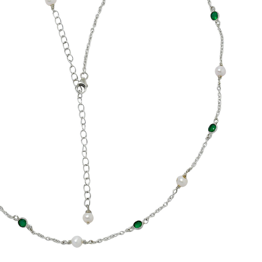 Handcrafted Silver Dainty Pearl Gemstone Chain Necklace for Women AGN1001 N-1029