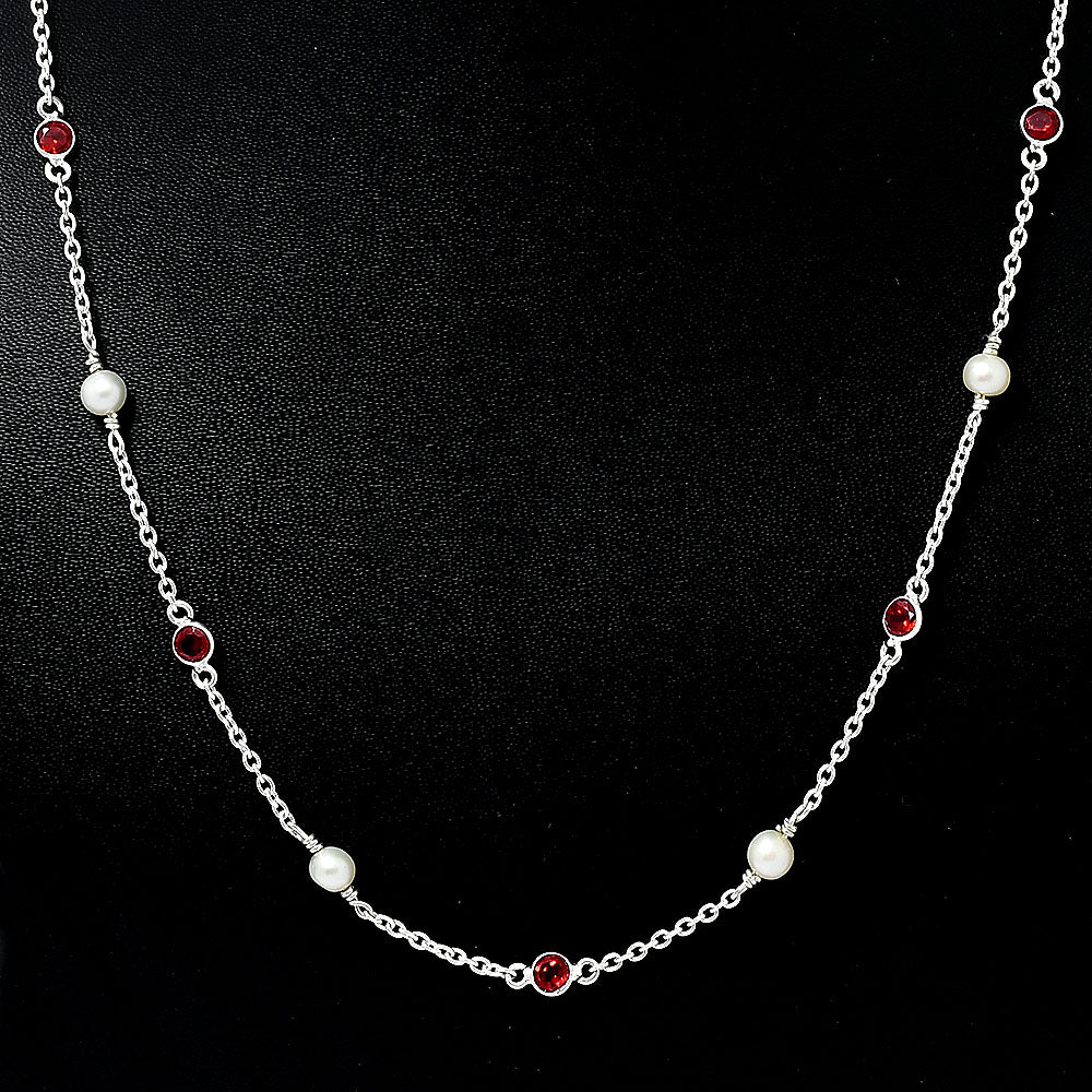 Handcrafted Silver Dainty Pearl Gemstone Chain Necklace for Women AGN1001 N-1029