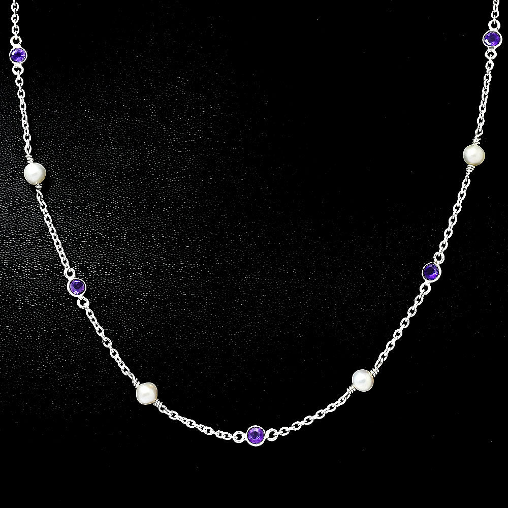 Handcrafted Silver Dainty Pearl Gemstone Chain Necklace for Women AGN1001 N-1029