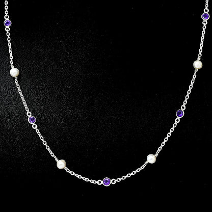 Handcrafted Silver Dainty Pearl Gemstone Chain Necklace for Women AGN1001 N-1029