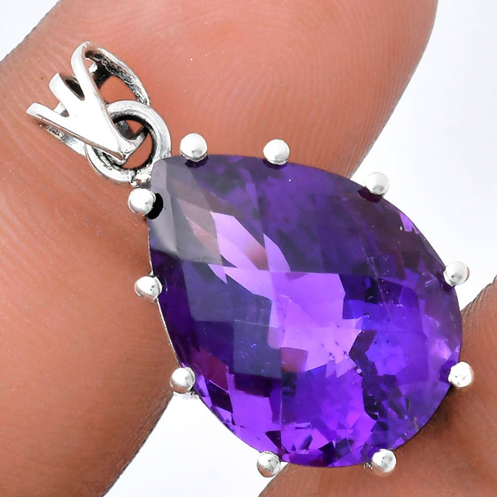 Faceted Natural Amethyst Teardrop Pendant 925 Sterling Silver Jewelry AGP1007 P-1739