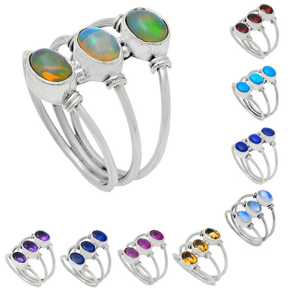 925 Silver Triple Gemstone Stacking Ring for Women - Opal & Multi-Stone AGR1011 R-1566