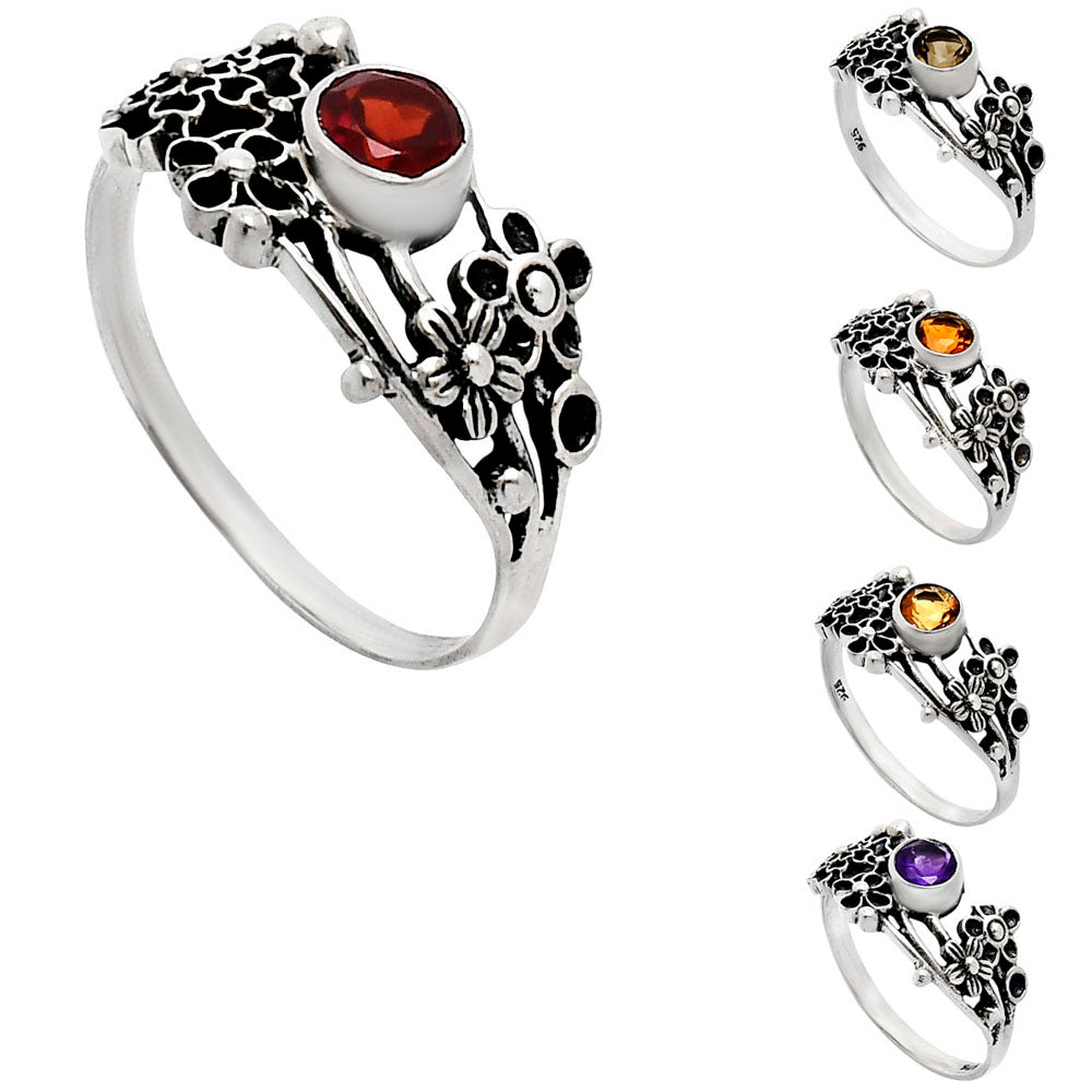 925 Sterling Silver Floral Ring with Natural Gemstone Boho Vintage Style AGR1014 R-1041