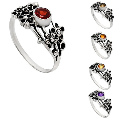 925 Sterling Silver Floral Ring with Natural Gemstone Boho Vintage Style AGR1014 R-1041