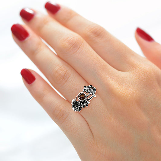 925 Sterling Silver Floral Ring with Natural Gemstone Boho Vintage Style AGR1014 R-1041