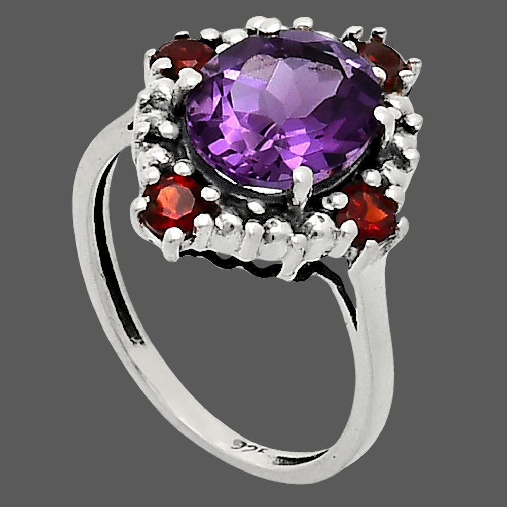 925 Sterling Silver Gemstone Ring with Garnet Accents Vintage Style AGR1016 R-1017