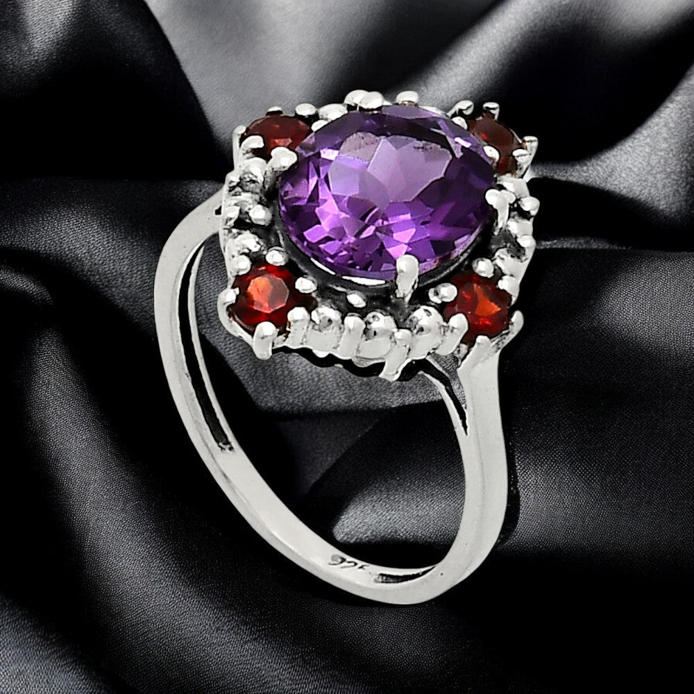 925 Sterling Silver Gemstone Ring with Garnet Accents Vintage Style AGR1016 R-1017