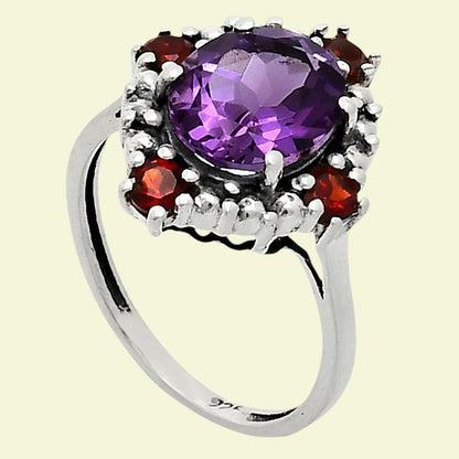 925 Sterling Silver Gemstone Ring with Garnet Accents Vintage Style AGR1016 R-1017