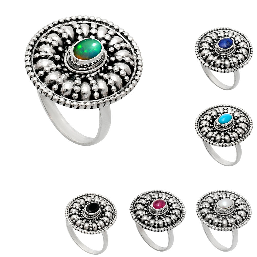 925 Silver Boho Round Ring with Natural Gemstone - Retro Beaded Design AGR1019 R-1691