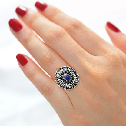 925 Silver Boho Round Ring with Natural Gemstone - Retro Beaded Design AGR1019 R-1691
