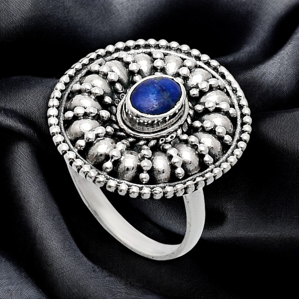 925 Silver Boho Round Ring with Natural Gemstone - Retro Beaded Design AGR1019 R-1691