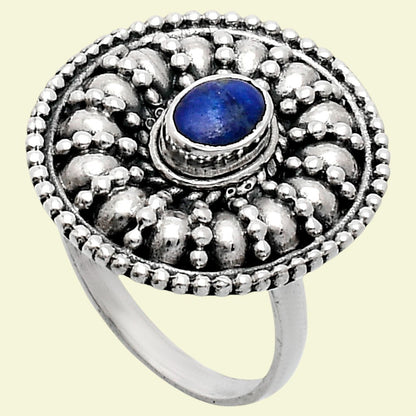 925 Silver Boho Round Ring with Natural Gemstone - Retro Beaded Design AGR1019 R-1691