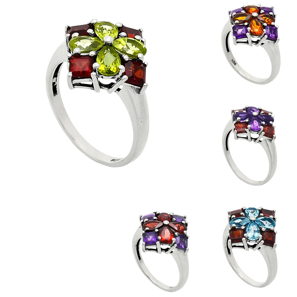 Floral Design Multi Stone Ring in 925 Silver - Women Statement Jewelry AGR1020 R-1021