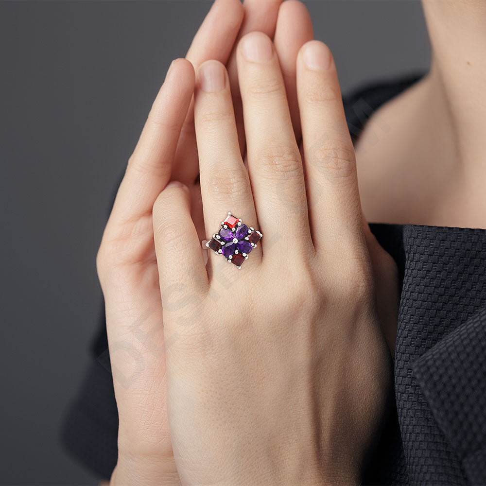 Floral Design Multi Stone Ring in 925 Silver - Women Statement Jewelry AGR1020 R-1021