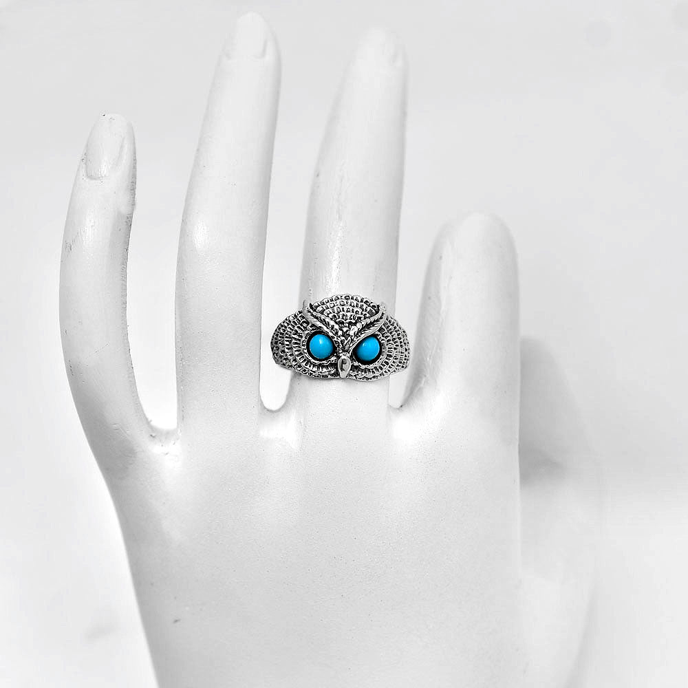 Unique Owl Face Ring in 925 Silver with Gemstone Eyes | Boho Style AGR1021 R-1022