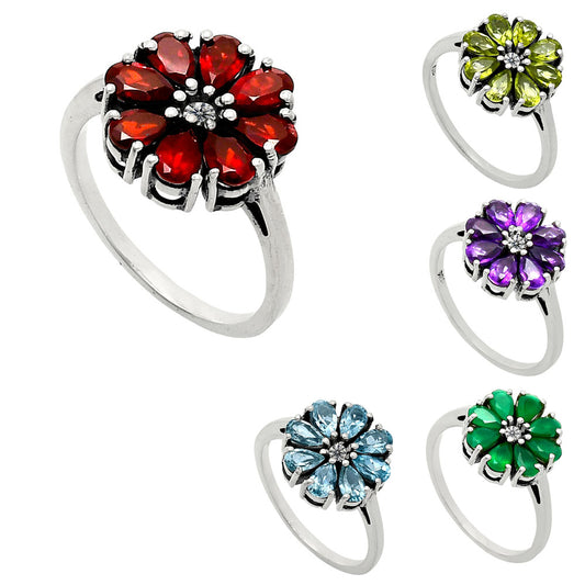Handcrafted Sterling Silver Flower Cluster Ring with Birth Gemstones AGR1025 R-1031