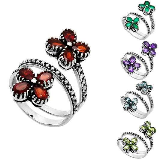 Double Flower Natural Cut Gemstone 925 Sterling Silver Adjustable Ring AGR1030 R-1736