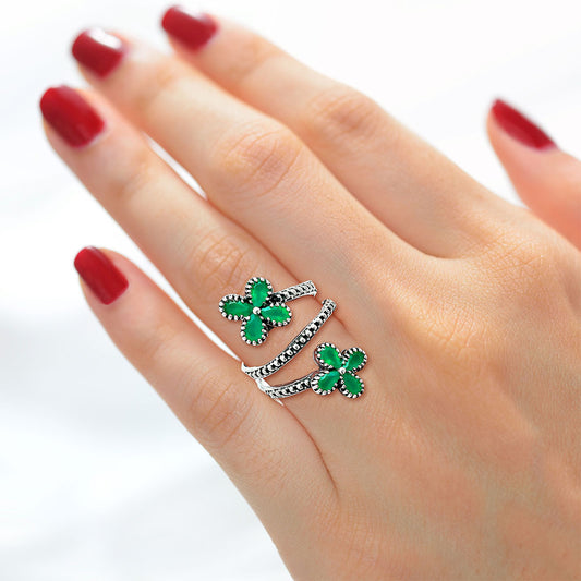 Double Flower Natural Cut Gemstone 925 Sterling Silver Adjustable Ring AGR1030 R-1736
