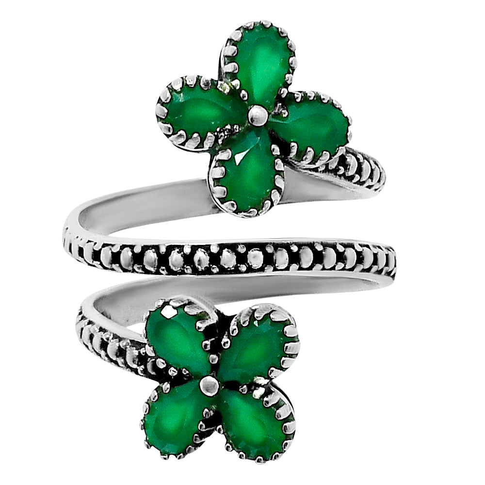 Double Flower Natural Cut Gemstone 925 Sterling Silver Adjustable Ring AGR1030 R-1736