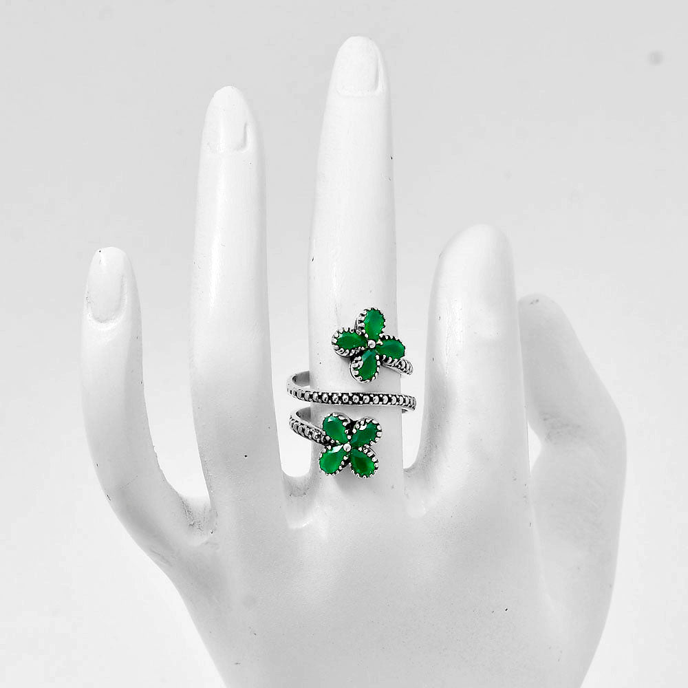 Double Flower Natural Cut Gemstone 925 Sterling Silver Adjustable Ring AGR1030 R-1736