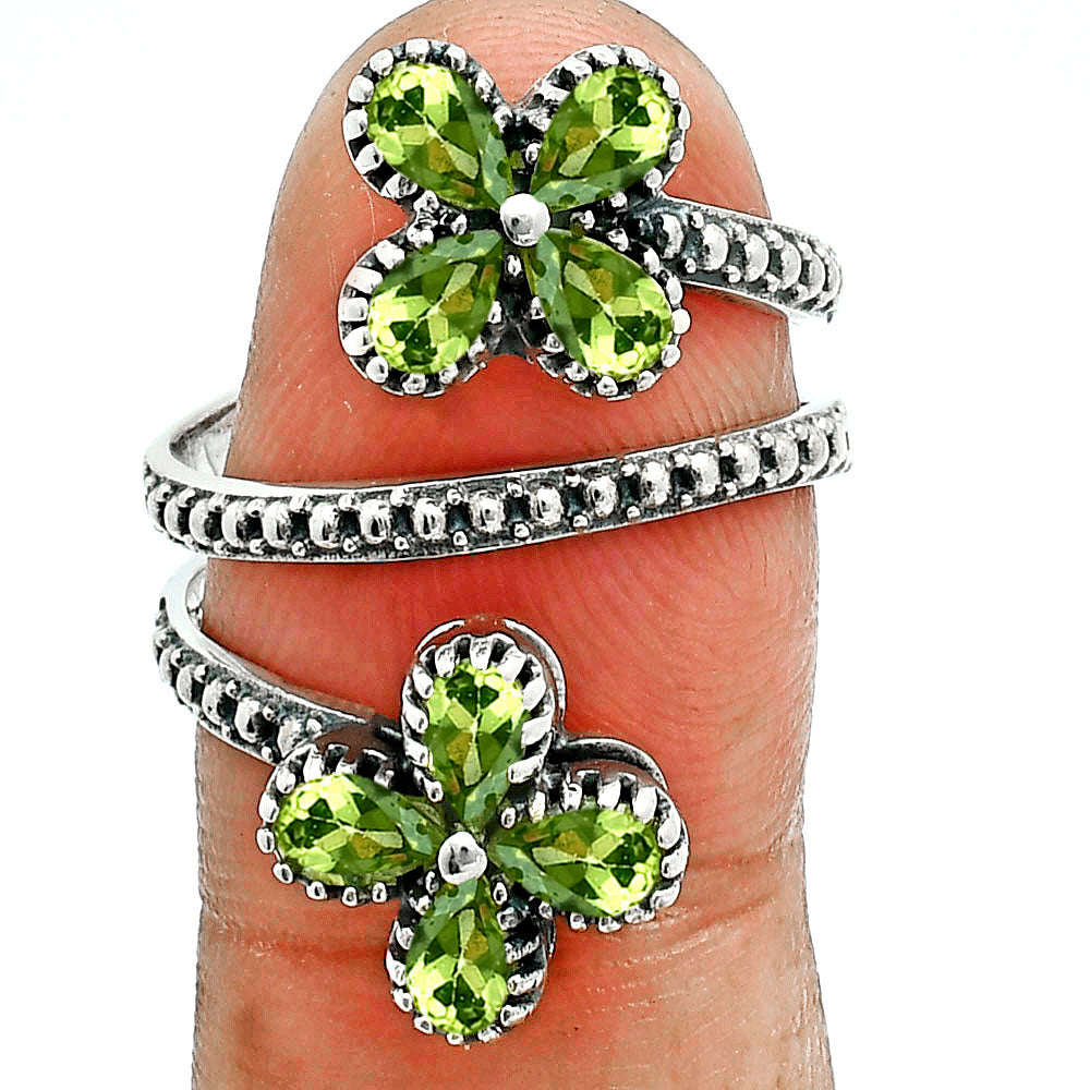 Double Flower Natural Cut Gemstone 925 Sterling Silver Adjustable Ring AGR1030 R-1736
