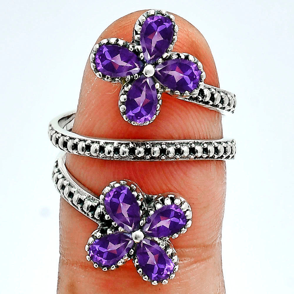 Double Flower Natural Cut Gemstone 925 Sterling Silver Adjustable Ring AGR1030 R-1736