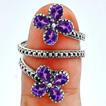 Double Flower Natural Cut Gemstone 925 Sterling Silver Adjustable Ring AGR1030 R-1736