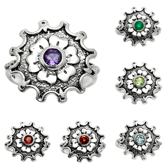Vintage Floral Center Round Gemstone Ring 925 Sterling Silver Handmade AGR1031 R-1737