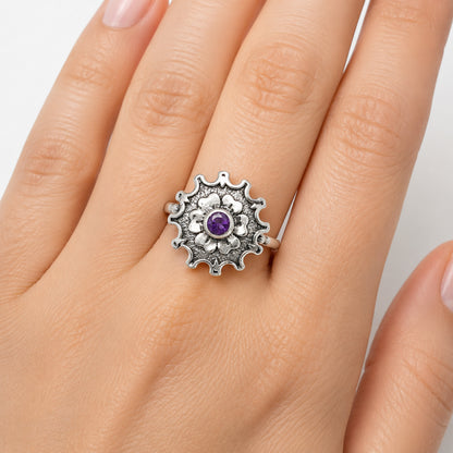 Vintage Floral Center Round Gemstone Ring 925 Sterling Silver Handmade AGR1031 R-1737