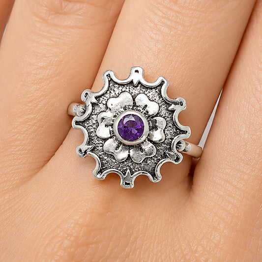 Vintage Floral Center Round Gemstone Ring 925 Sterling Silver Handmade AGR1031 R-1737