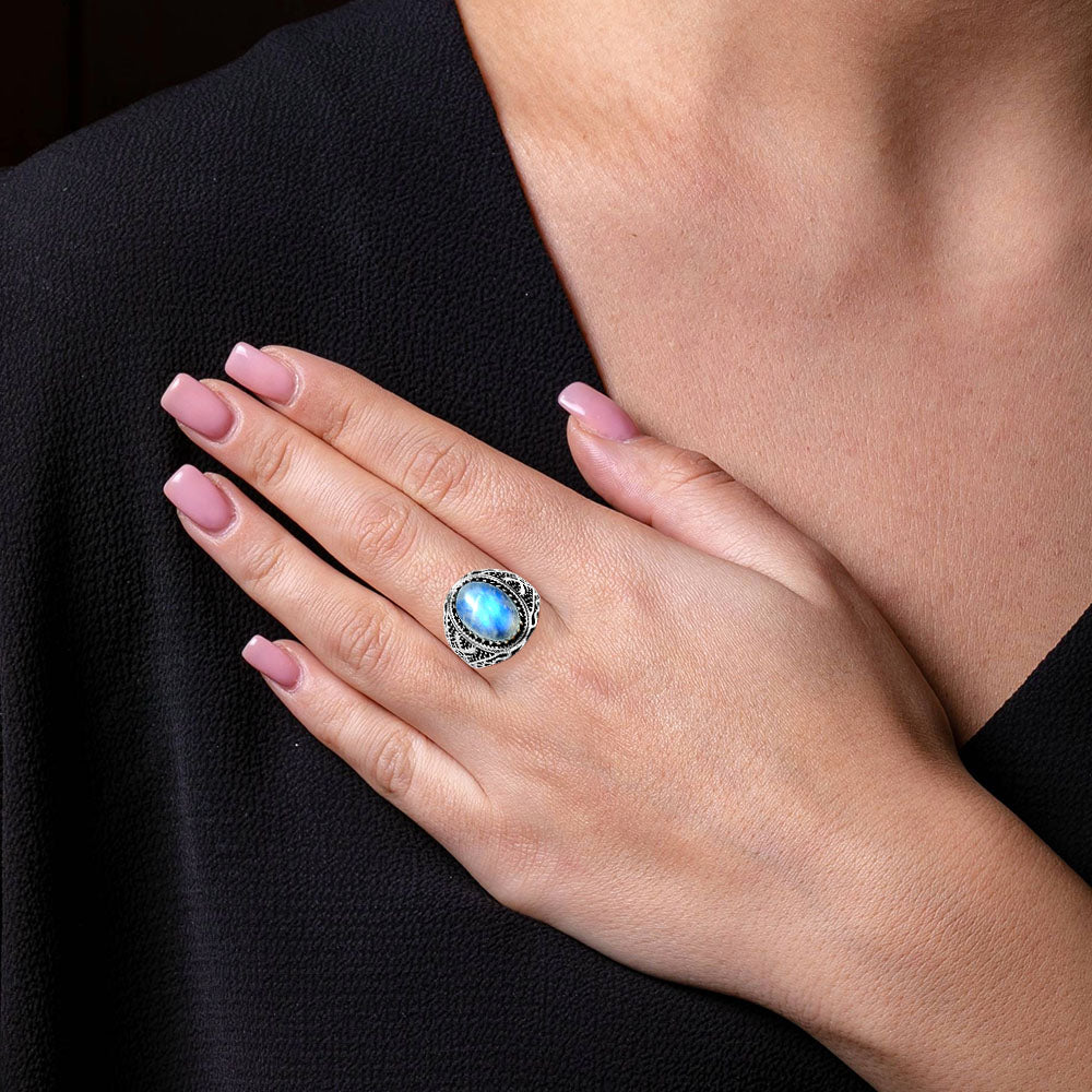 Artisan Unisex Oval Gemstone Statement Ring 925 Sterling Silver Vintage AGR1035 R-1738