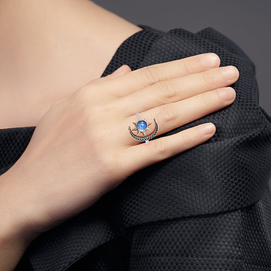 Sun and Moon Gemstone Adjustable Ring 925 Sterling Silver Celestial AGR1038 R-1015