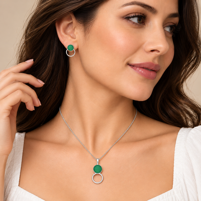 Natural Gemstone Circle Pendant Earrings Jewelry Set 925 Sterling Silver AGT1001 T-1012