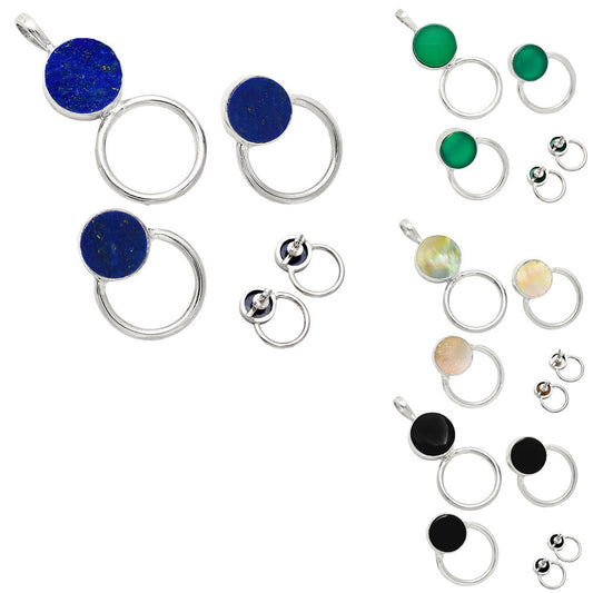 Natural Gemstone Circle Pendant Earrings Jewelry Set 925 Sterling Silver AGT1001 T-1012