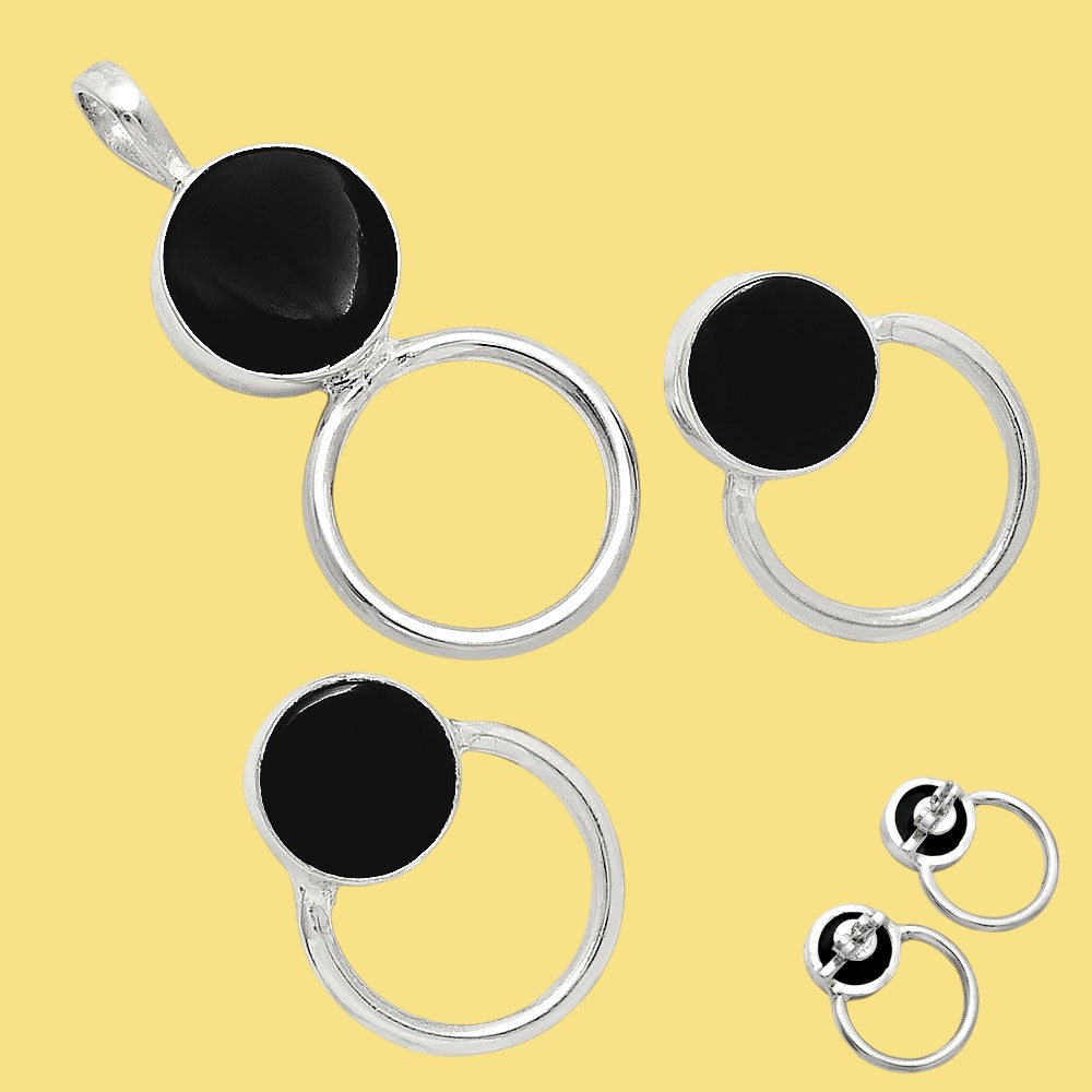 Natural Gemstone Circle Pendant Earrings Jewelry Set 925 Sterling Silver AGT1001 T-1012