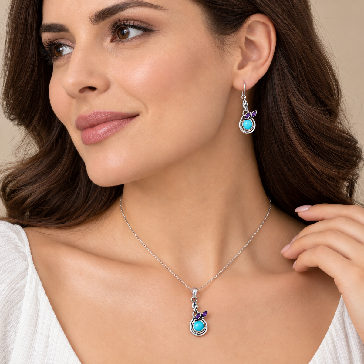 Natural Gemstone Leaf Pendant & Earrings Jewelry Set 925 Sterling Silver AGT1002 T-1013