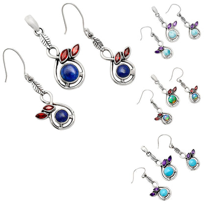 Natural Gemstone Leaf Pendant & Earrings Jewelry Set 925 Sterling Silver AGT1002 T-1013
