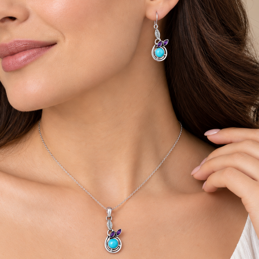 Natural Gemstone Leaf Pendant & Earrings Jewelry Set 925 Sterling Silver AGT1002 T-1013