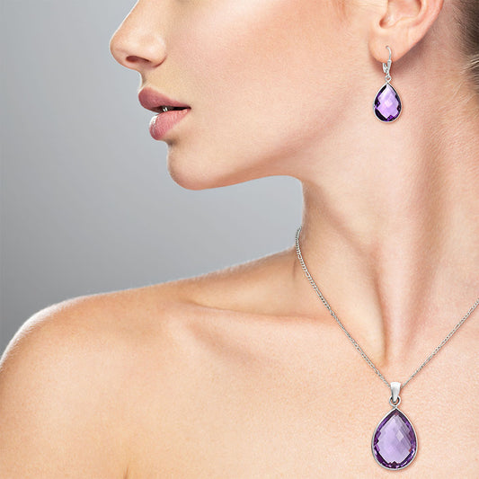 Faceted Amethyst Teardrop Earrings and Pendant Set 925 Sterling Silver AGT1004 T-1015