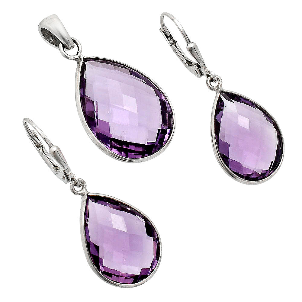 Faceted Amethyst Teardrop Earrings and Pendant Set 925 Sterling Silver AGT1004 T-1015