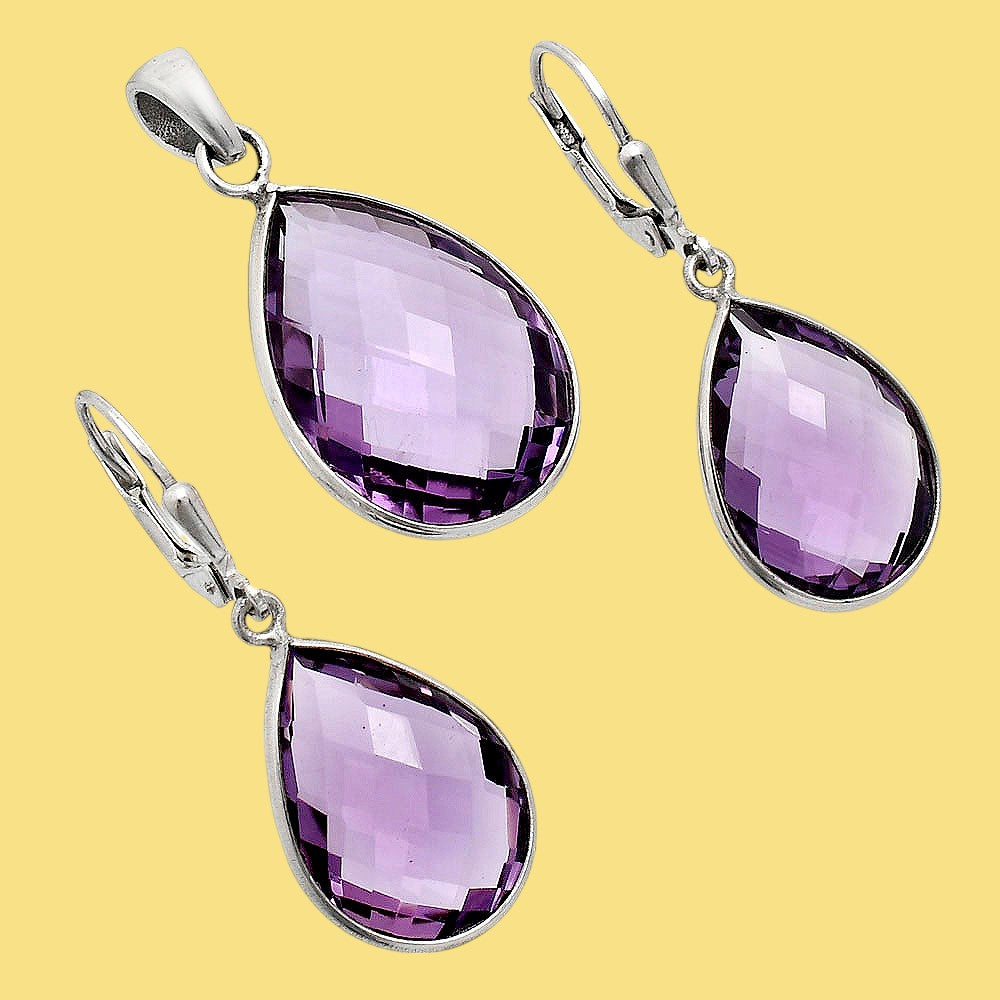 Faceted Amethyst Teardrop Earrings and Pendant Set 925 Sterling Silver AGT1004 T-1015