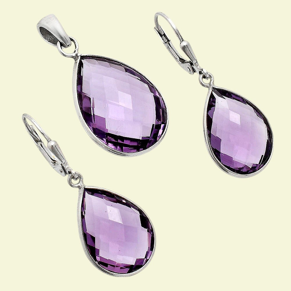 Faceted Amethyst Teardrop Earrings and Pendant Set 925 Sterling Silver AGT1004 T-1015