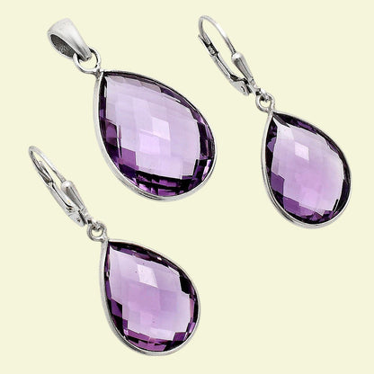 Faceted Amethyst Teardrop Earrings and Pendant Set 925 Sterling Silver AGT1004 T-1015