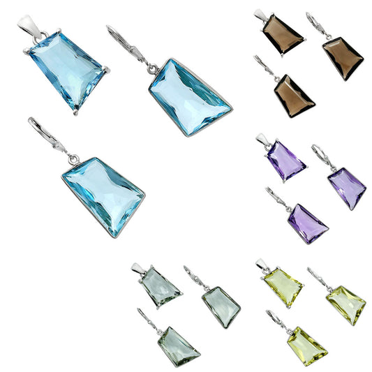 Modern Trapezoid Gemstone Earrings & Pendant Jewelry Set 925 Silver AGT1006 T-1017