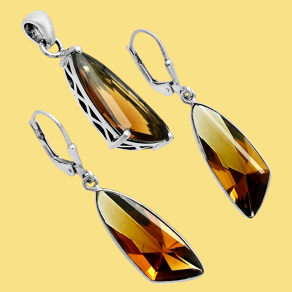 Elegant Faceted Gemstone Pendant Earrings Set 925 Sterling Silver AGT1007 T-1017